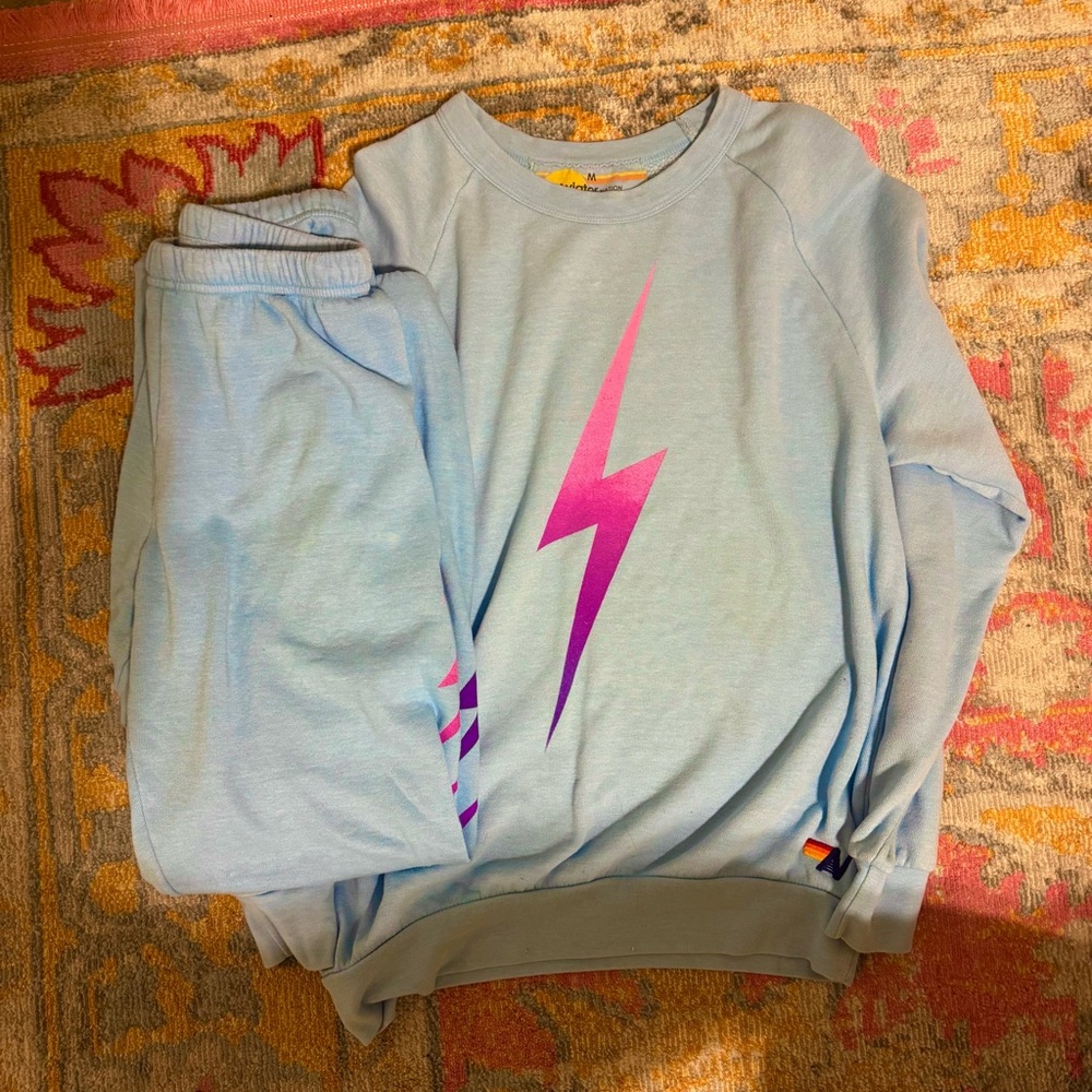 Aviator Nation Light Blue Sweatshirt and Sweatpants Set with Pink Lightning Bolt